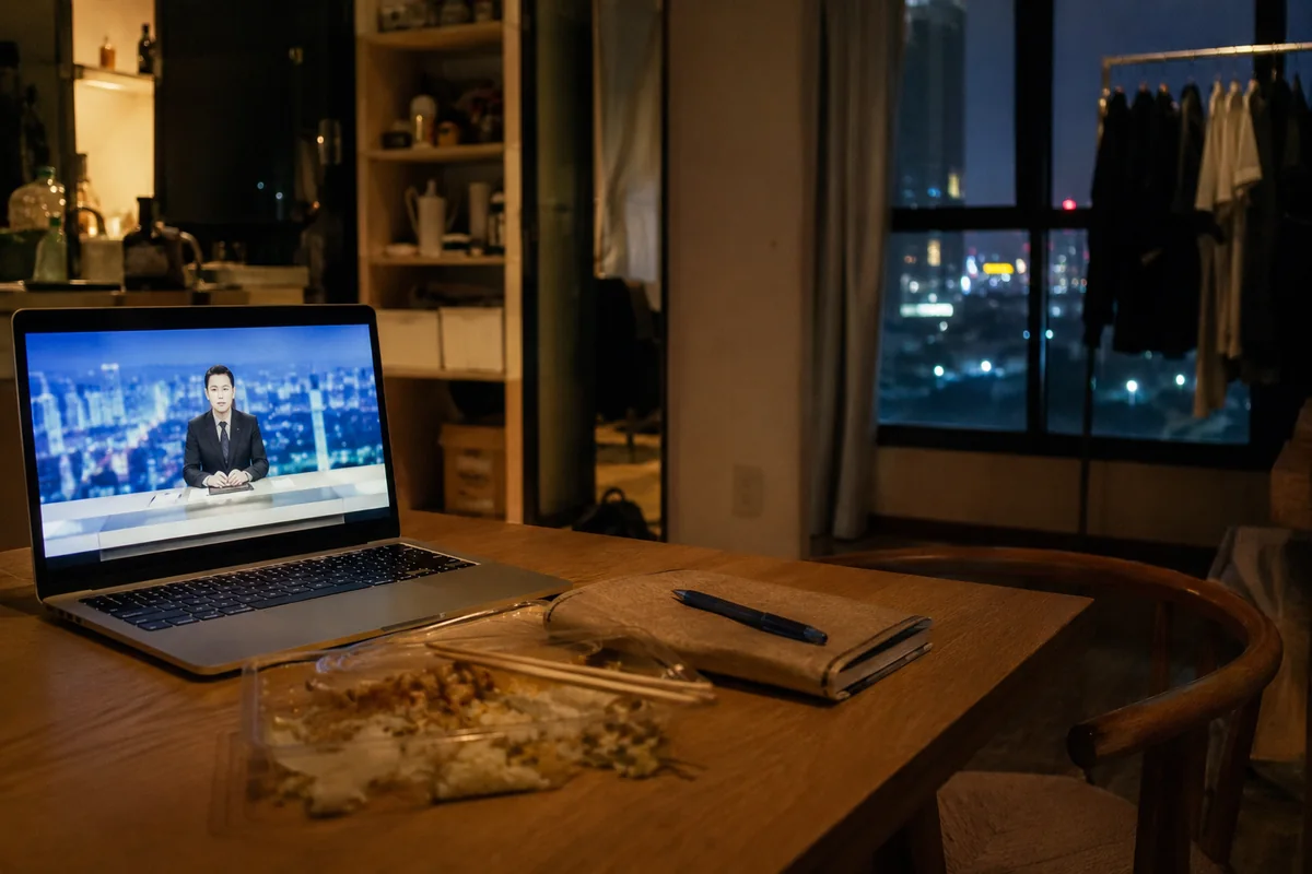 Ein laufender Nachrichtenstream auf einem Laptop in einer Wohnung in Bangkok