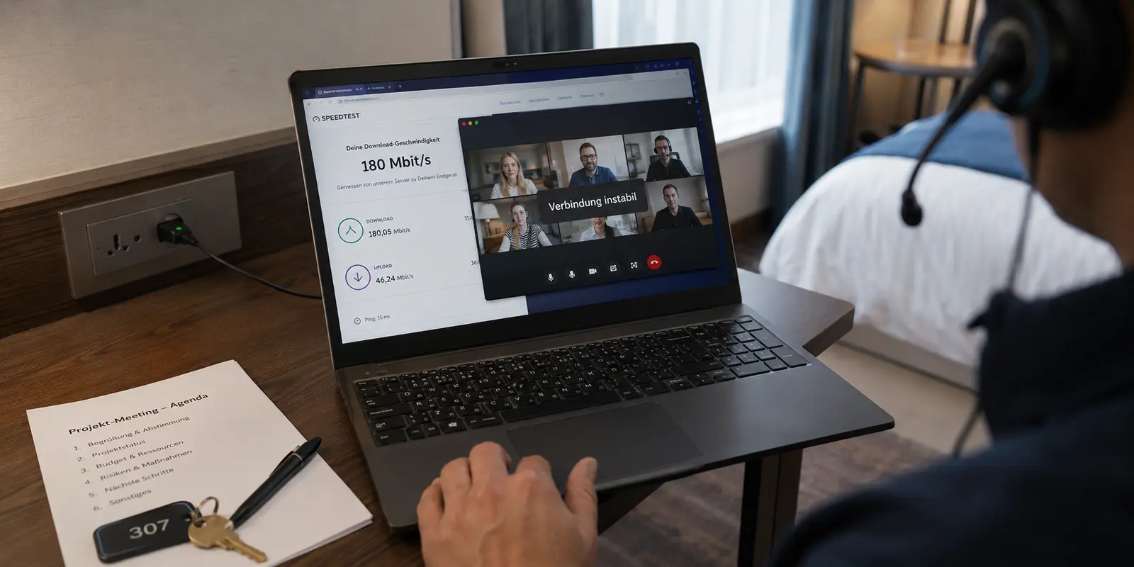Ein Videocall meldet eine instabile Verbindung, obwohl der Speedtest im Hotel 180 Mbit/s zeigt