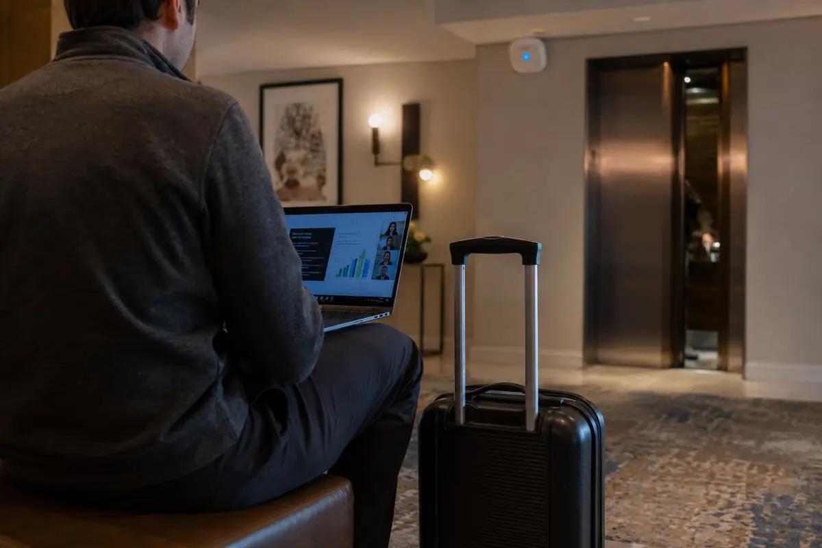 Ein Reisender setzt die Videokonferenz in der Hotellobby neben dem Aufzug und seinem Koffer fort