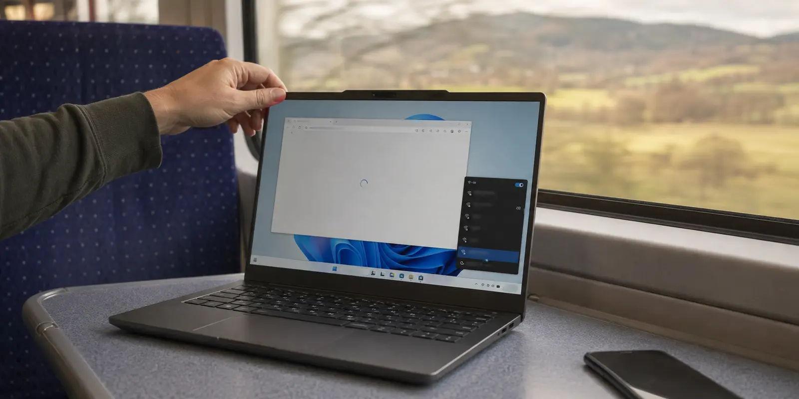 Ein Windows-11-Laptop wacht im Zug auf, doch der Browser lädt trotz WLAN noch nicht