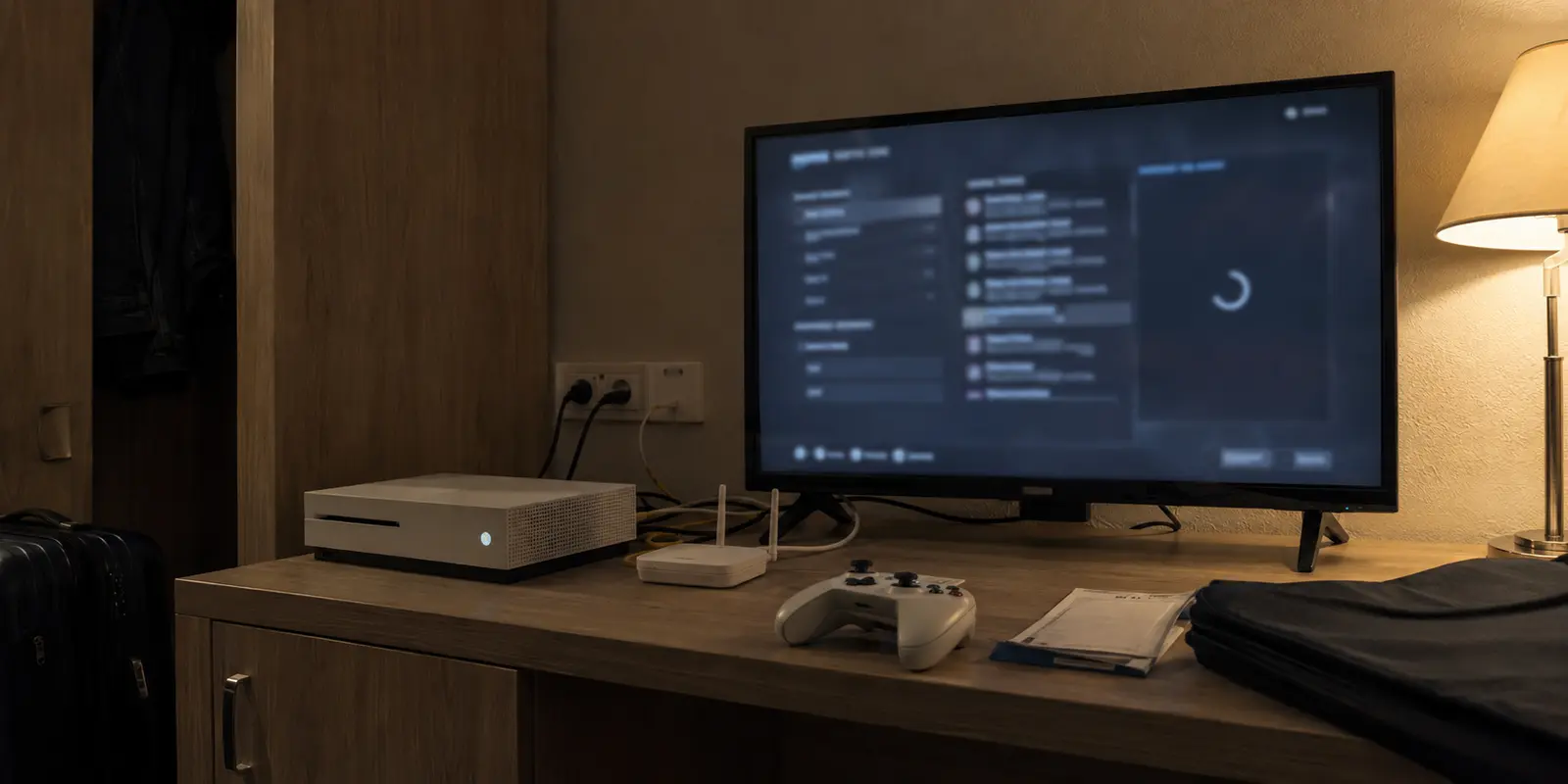 Xbox-Konsole, Travel-Router und festhängende Multiplayer-Lobby in einem Hotelzimmer