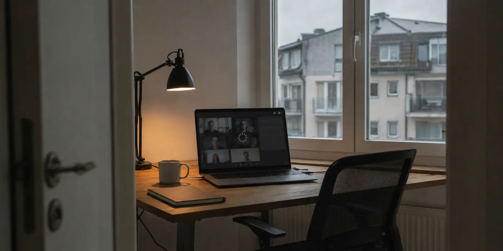 Firmenlaptop im Schweizer Homeoffice mit eingefrorener Videokonferenz trotz aktiver Verbindungen