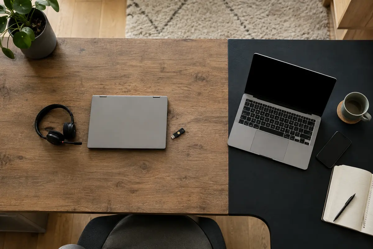 Getrennte Arbeitsbereiche für Firmenlaptop und persönliche Geräte im Homeoffice