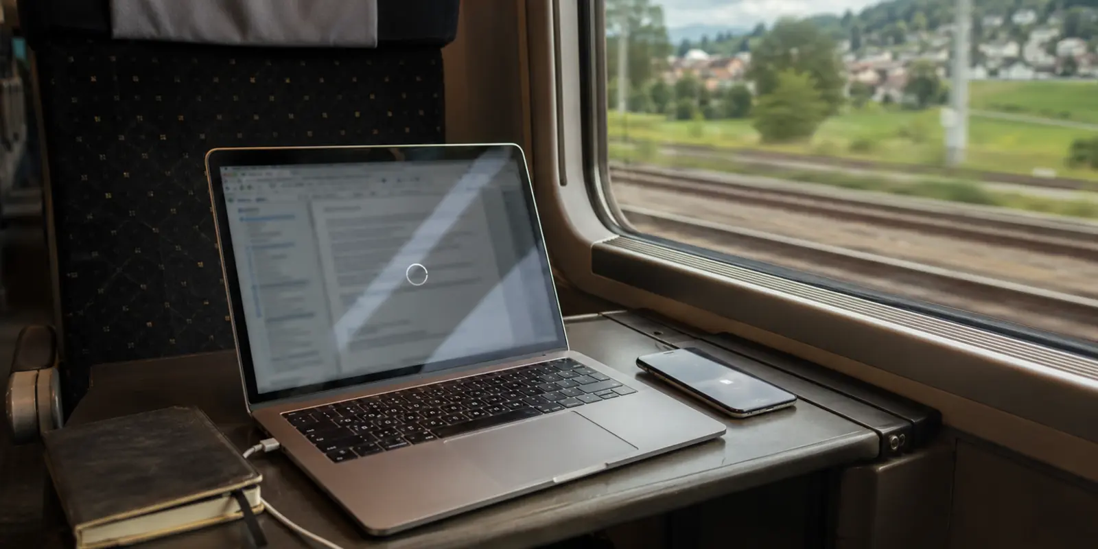 Laptop mit stehengebliebenem Dokument und Smartphone-Hotspot auf einem Tisch im fahrenden Schweizer Zug