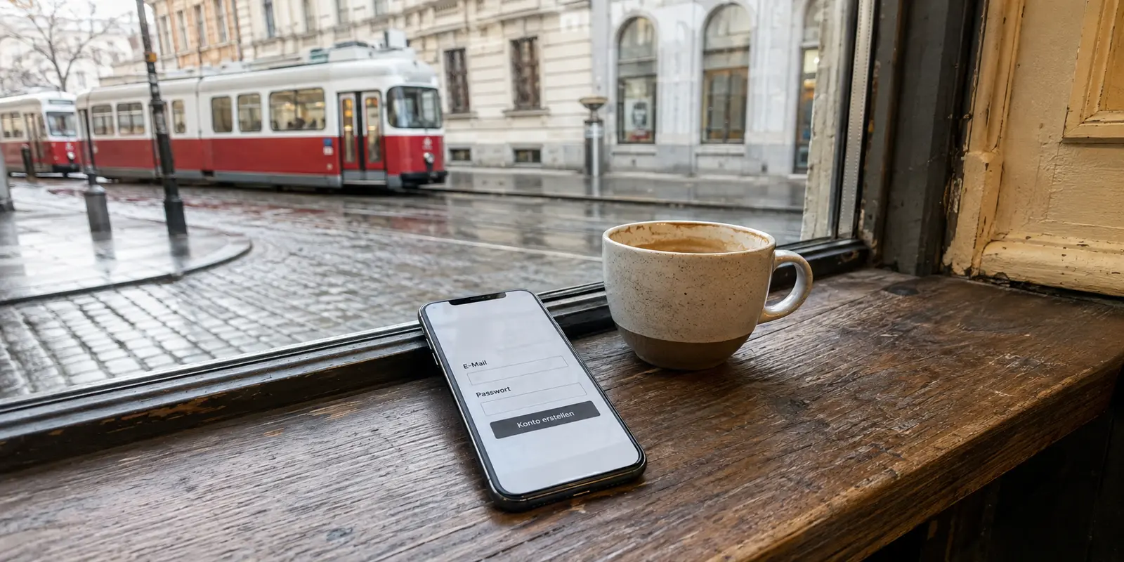 VPN-Registrierungsformular auf einem Smartphone am Fenster eines Wiener Cafés