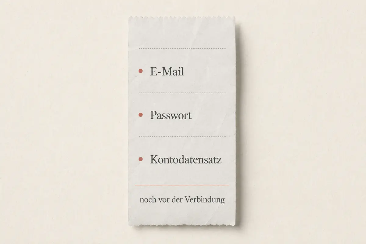 Datenbeleg mit E-Mail, Passwort und Kontodatensatz vor der VPN-Verbindung