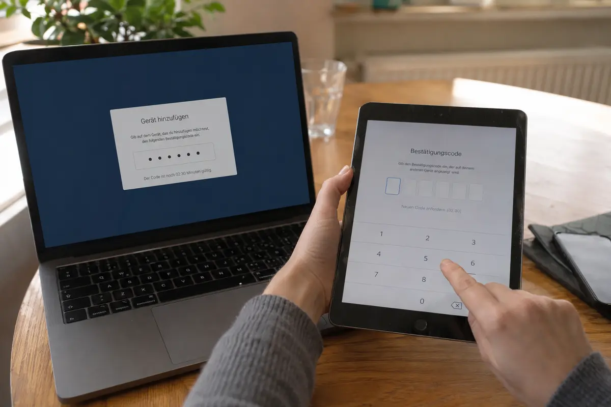 Ein Tablet wird mit einem Bestätigungscode vom bereits eingerichteten Laptop hinzugefügt