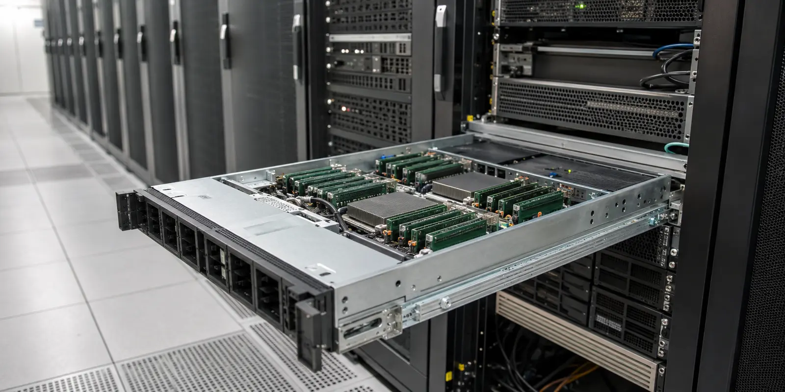 Geöffneter Rack-Server mit RAM-Modulen und leeren Laufwerksschächten in einem Rechenzentrum
