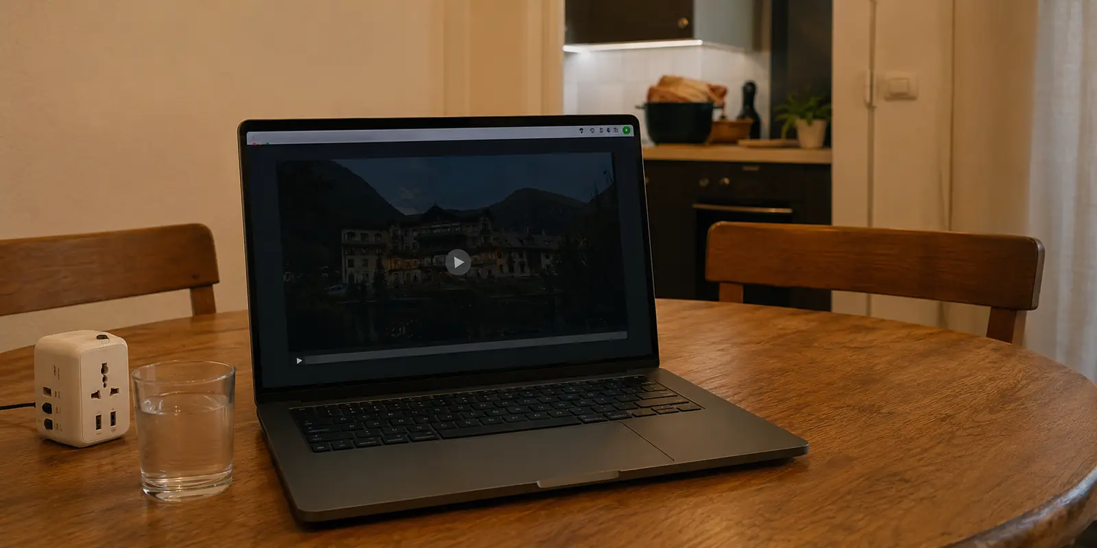 Laptop in einer Ferienwohnung, auf dem ein österreichisches Video trotz aktiver Verbindung nicht startet