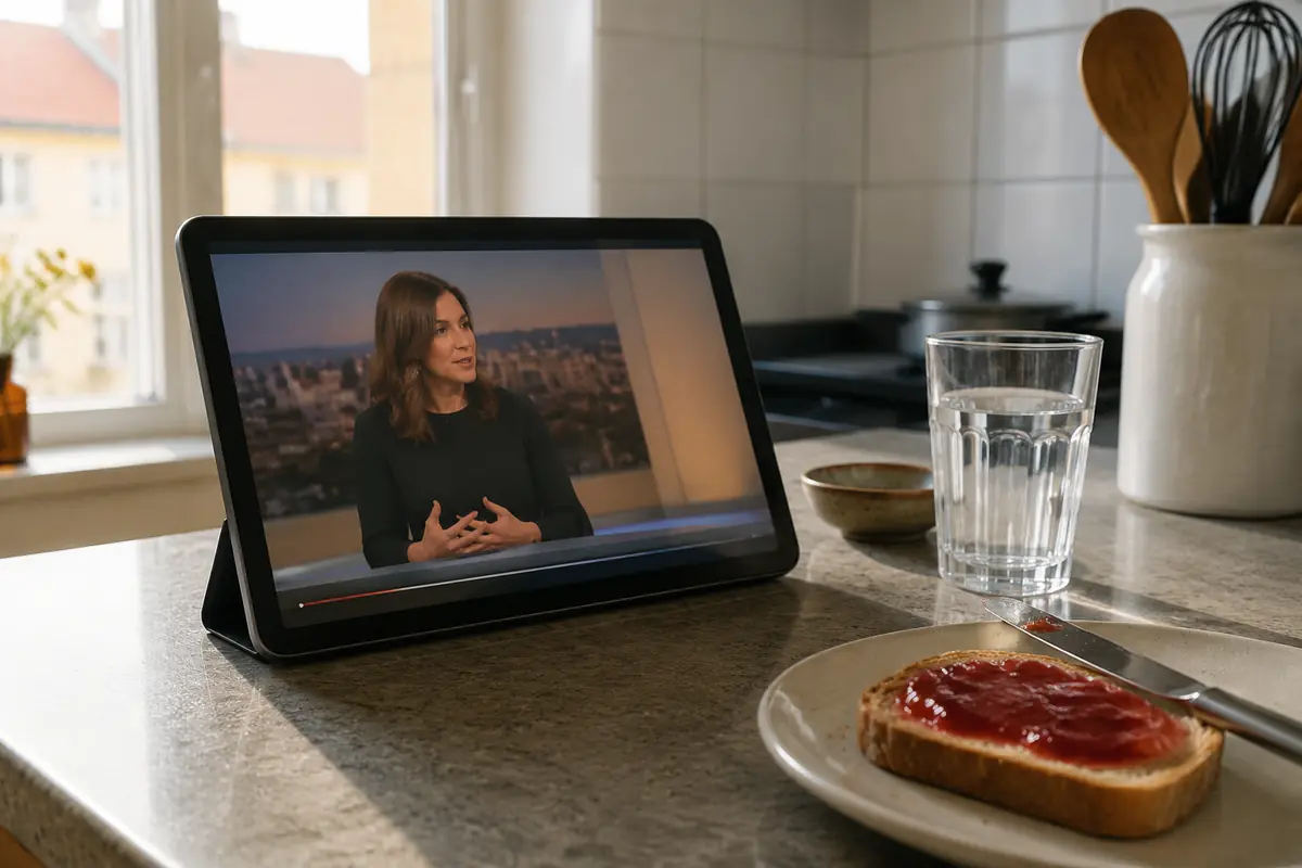 Tablet auf einer Küchenablage mit einer laufenden österreichischen Sendung