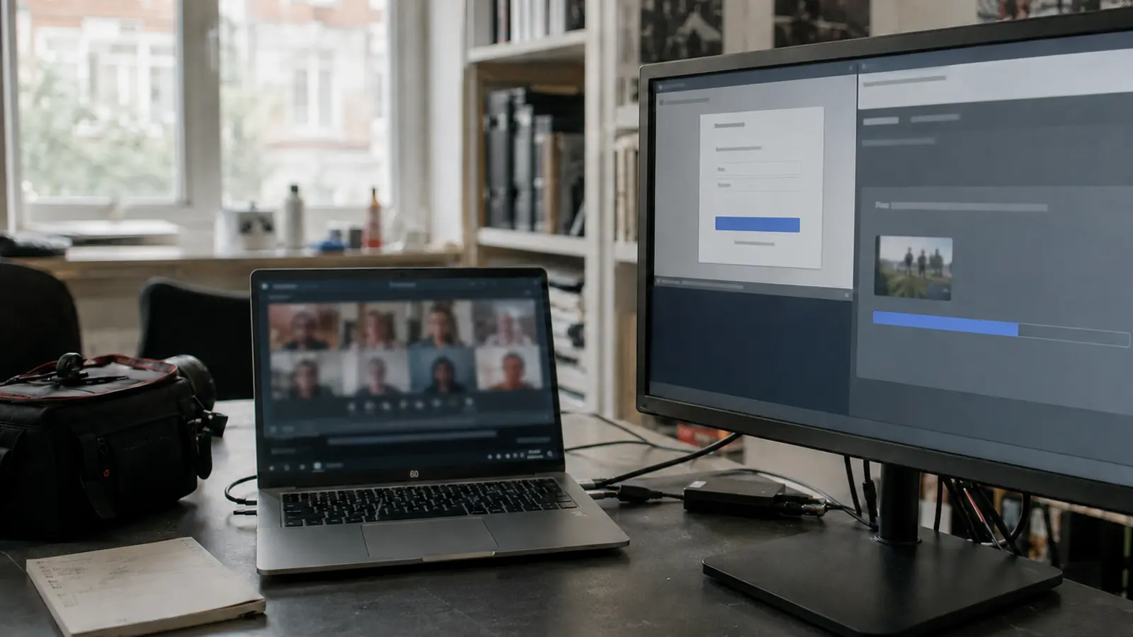 Windows-Laptop und externer Monitor zeigen Meeting, Browser-Anmeldung und laufenden Video-Upload in einem gemeinsamen Arbeitsablauf