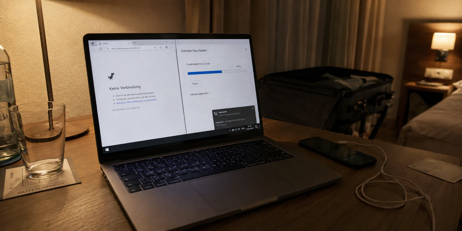 Pausierter Datei-Upload auf einem Laptop ohne Verbindung im Hotelzimmer