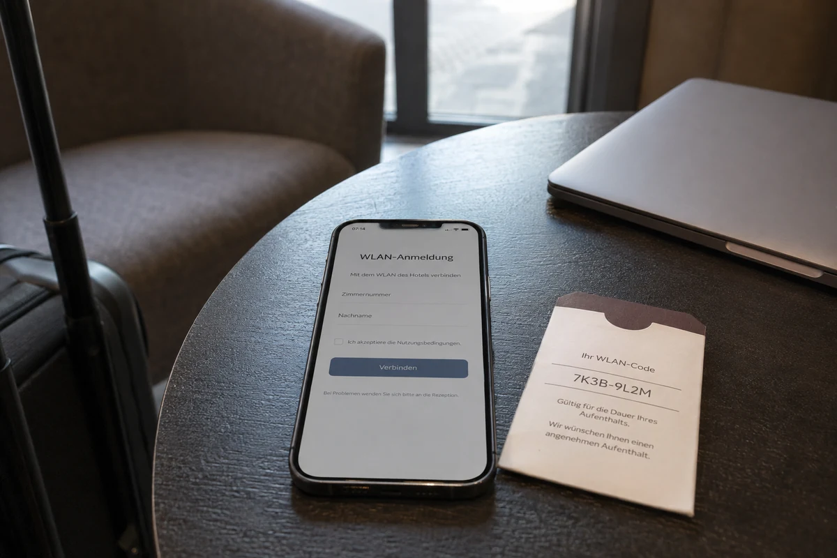 Hotel-WLAN-Anmeldung auf einem Smartphone neben dem Zugangscode
