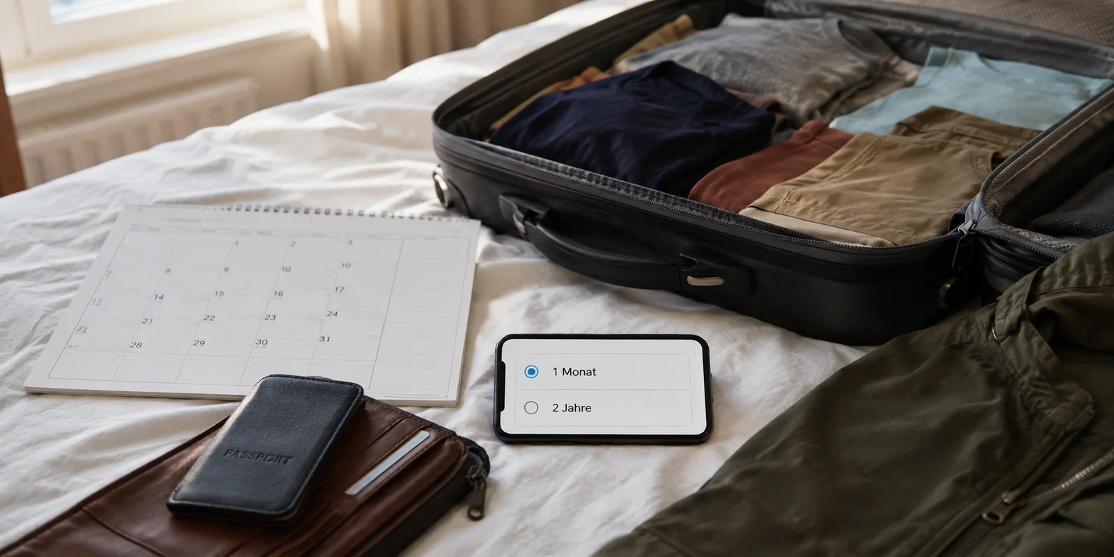 Beim Packen für eine vierwöchige Reise ist auf dem Smartphone ein Monatsabo statt eines Zweijahresplans gewählt.