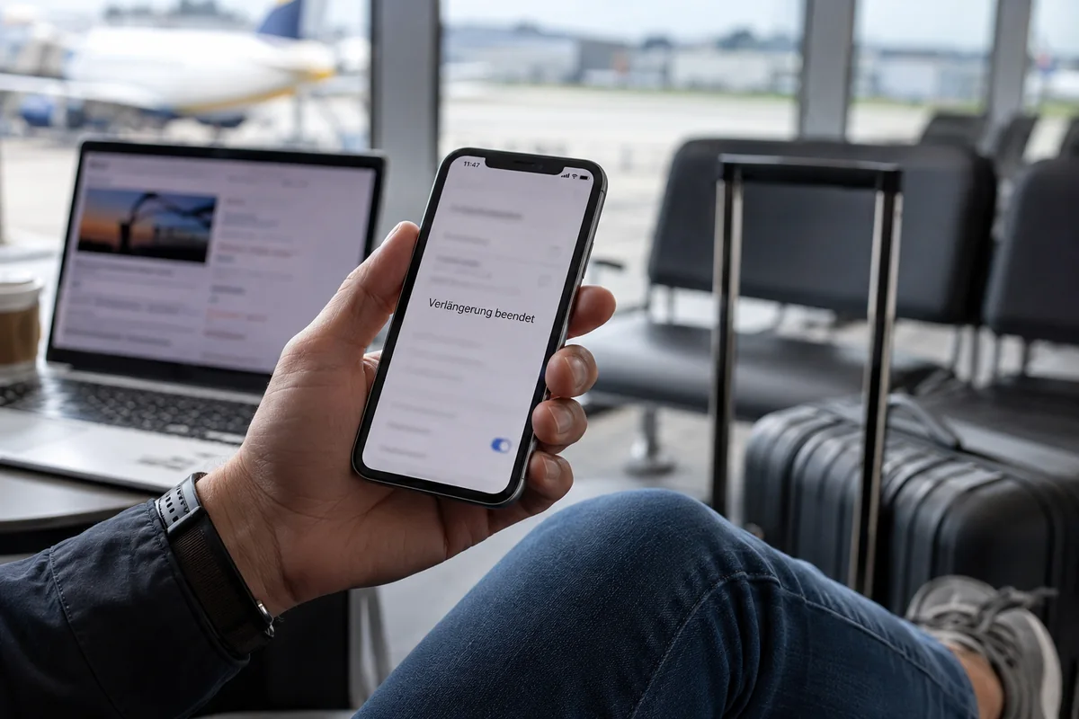 Am Flughafen zeigt das Smartphone, dass die automatische Verlängerung beendet wurde.