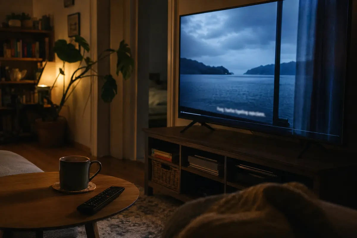 Die Folge läuft stabil im Wohnzimmer, während die Fernbedienung beiseitegelegt ist