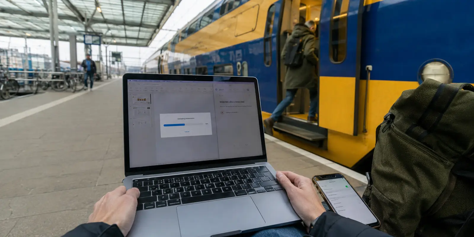Abgebrochener Präsentations-Upload am Bahnsteig beim Wechsel vom Stations-WLAN zum mobilen Hotspot