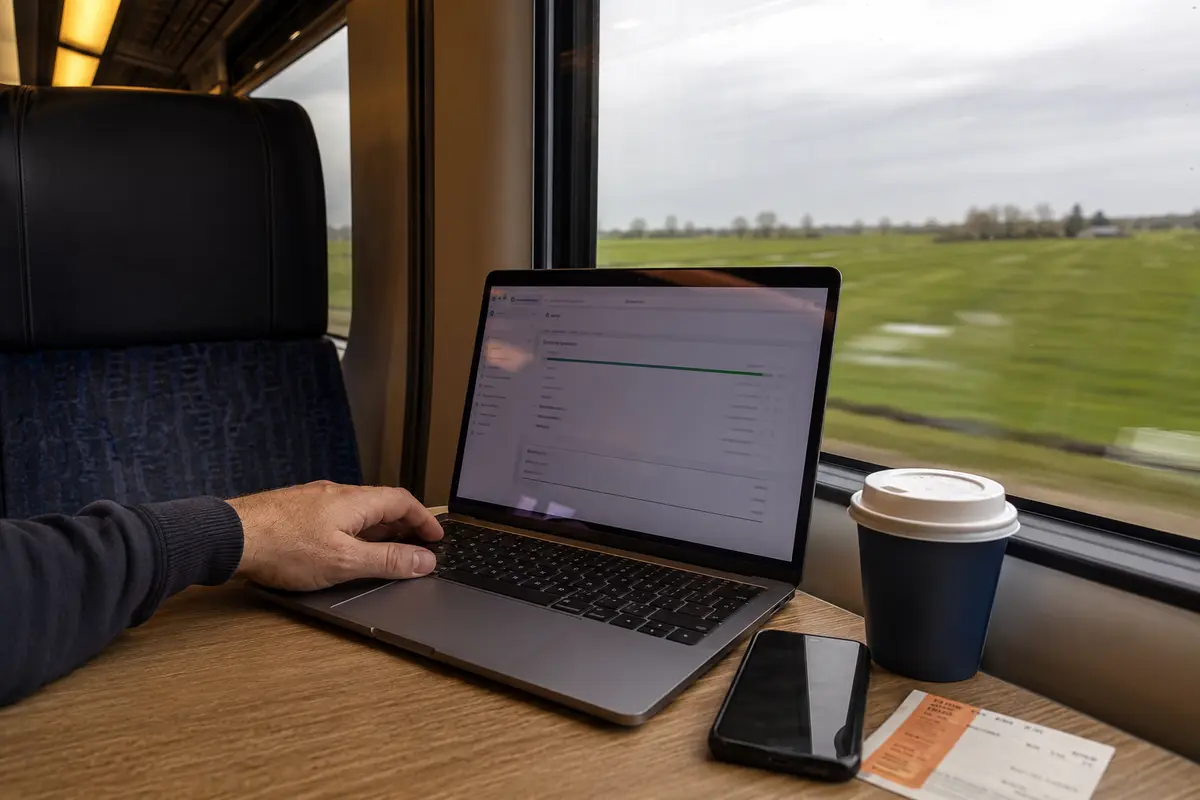 Fortgesetzter Datei-Upload auf einem Laptop im fahrenden niederländischen Intercity