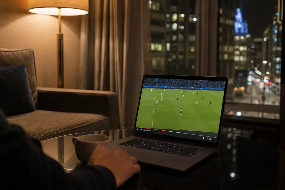 Der deutsche Live-Fußballstream läuft im Londoner Hotel auf dem Laptop
