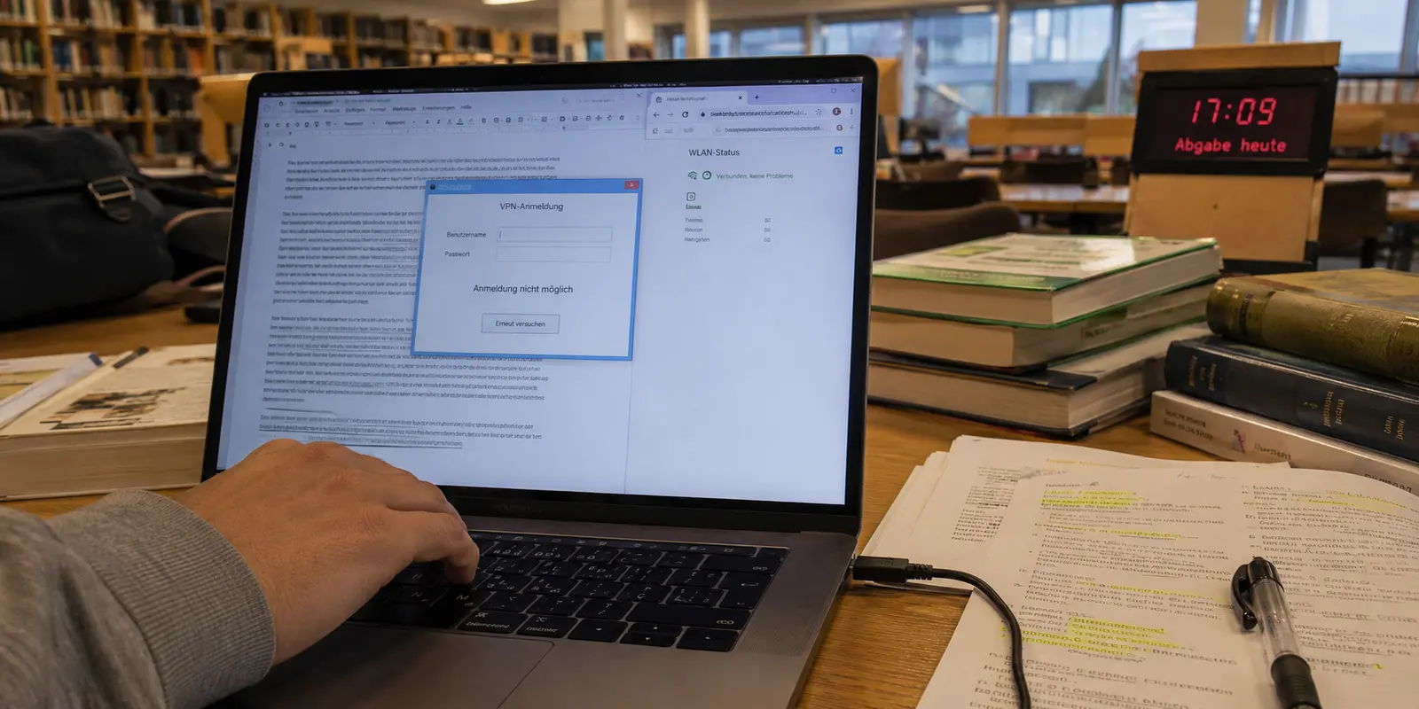 Ein fehlgeschlagener Uni-VPN-Login kurz vor der Abgabe einer Hausarbeit in der Bibliothek