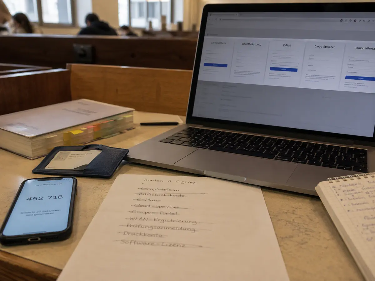 Laptop, Zwei-Faktor-Code und die vielen digitalen Zugänge eines Studenten