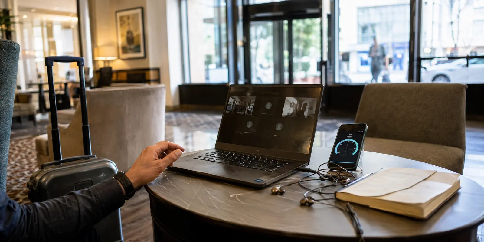 Laptop mit laufendem VoIP-Anruf und Smartphone-Speedtest in einer Hotellobby