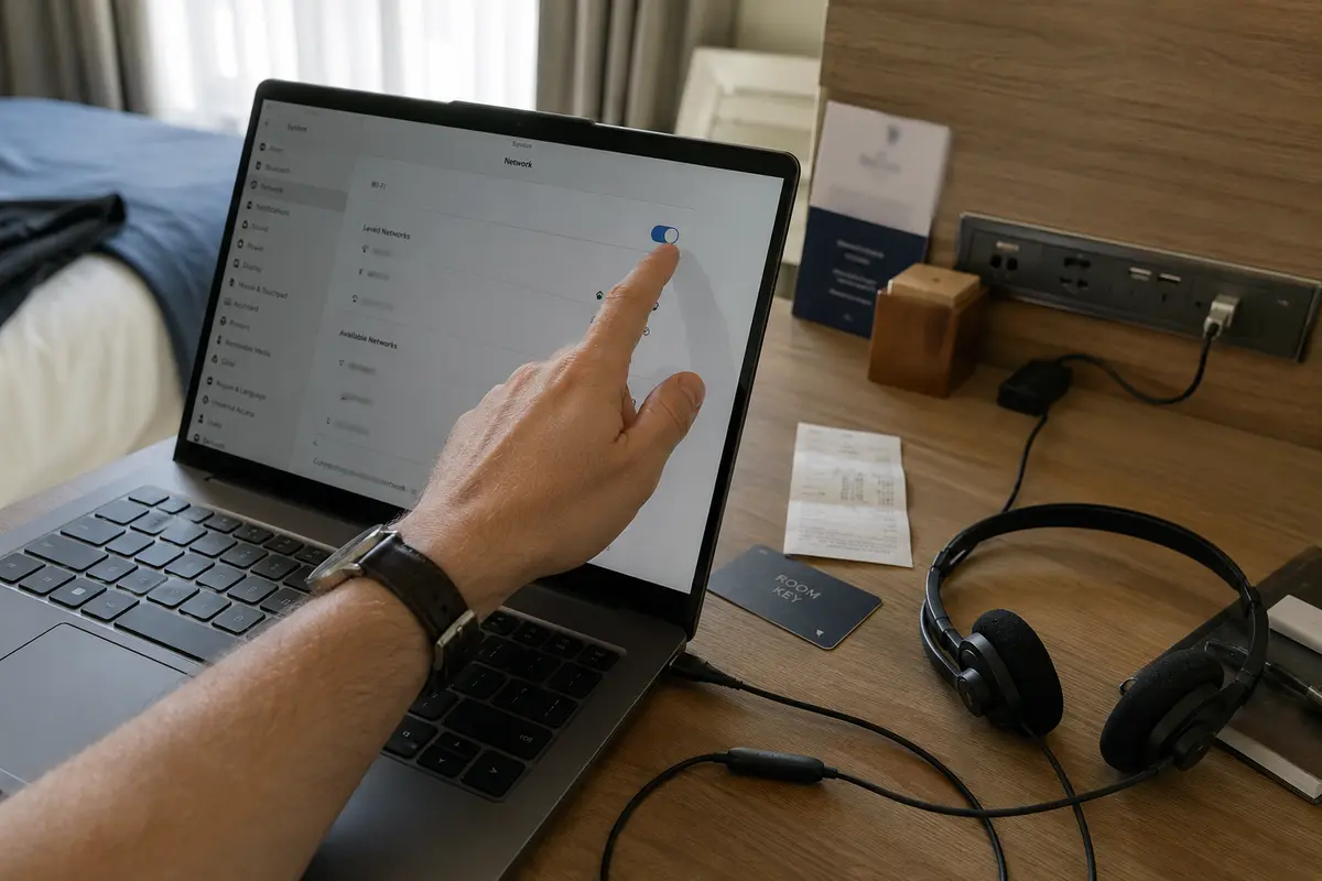 Reisender ändert vor einem Arbeitsanruf die Netzwerkeinstellungen am Laptop