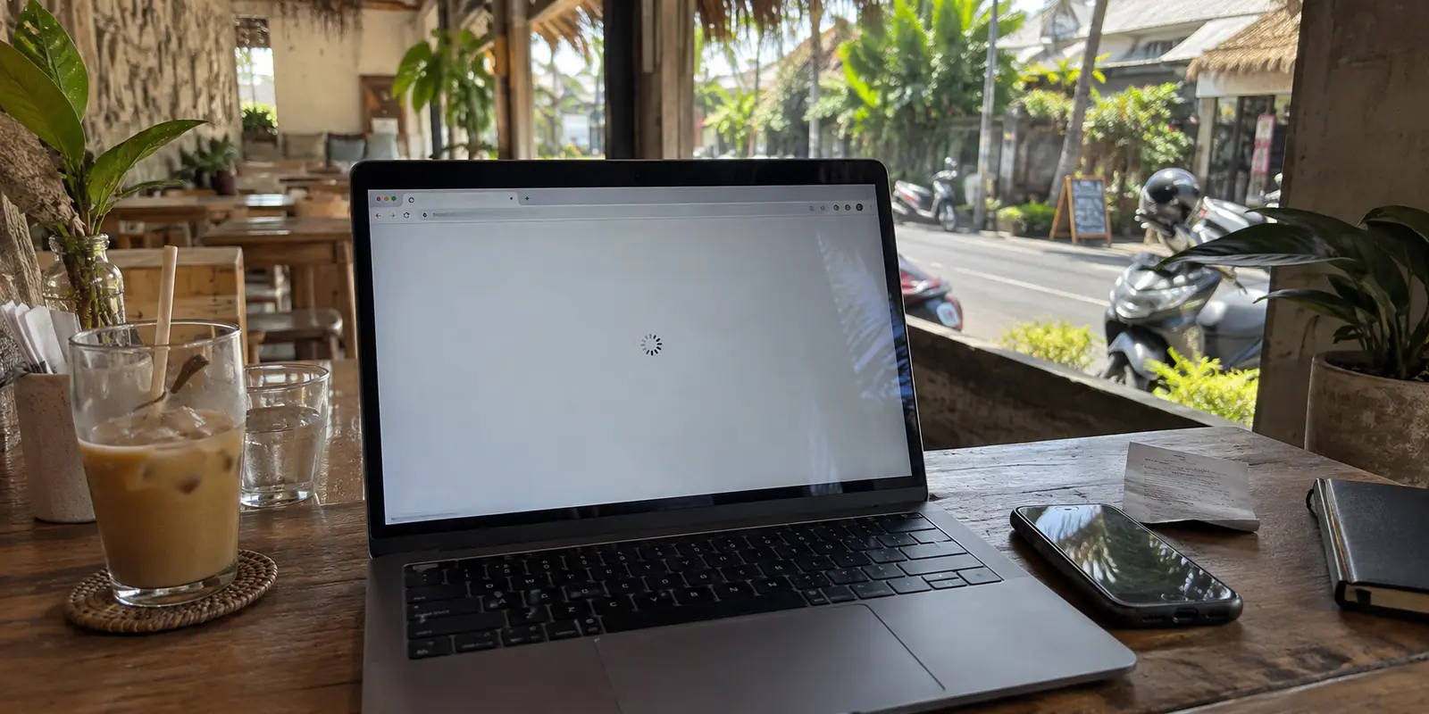 A laptop browser stuck loading on a café table in Bali