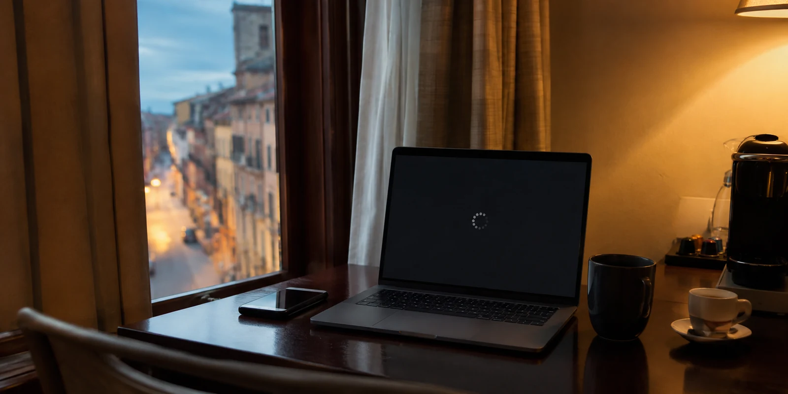 Laptop mit festhängendem Live-Stream in einem Hotelzimmer in Norditalien