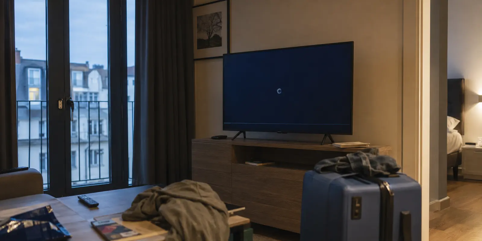 Fernseher mit einem nicht startenden Livestream in einem Hotelzimmer im Ausland