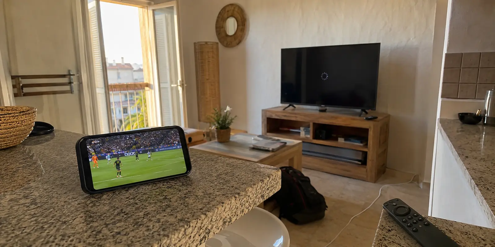 Ein Fussballspiel läuft auf dem iPhone, während der Fernseher mit Fire TV im selben Ferienapartment beim Laden hängen bleibt