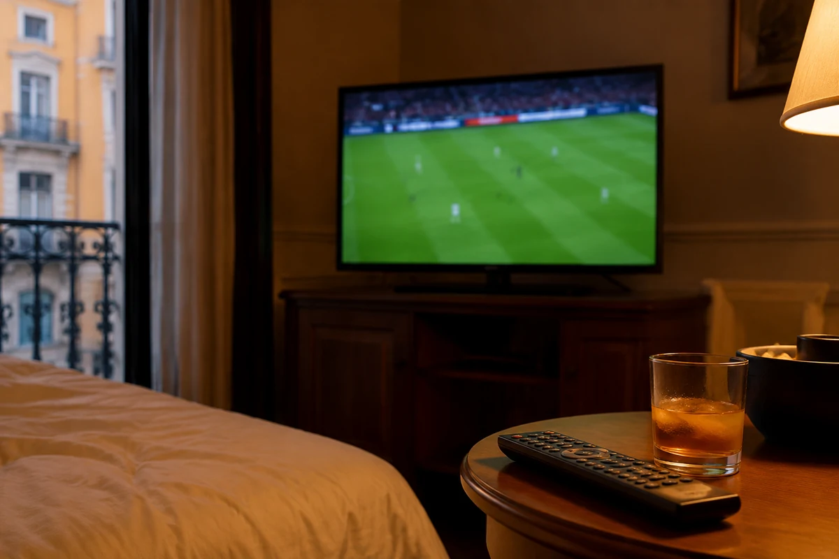 Laufendes Fussballspiel auf dem Fernseher eines italienischen Hotelzimmers