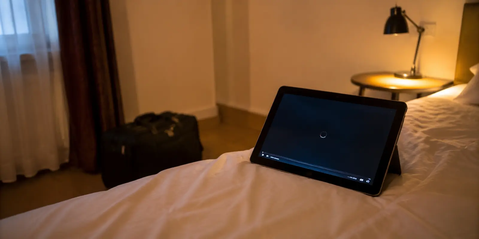 Tablet mit festhängendem Live-Stream in einem Hotelzimmer
