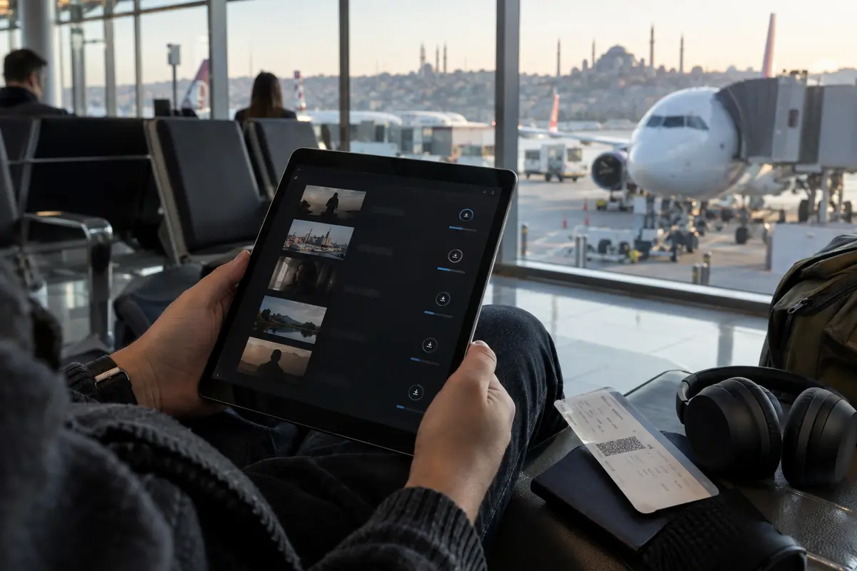A traveler downloads streaming episodes to a tablet before departing Istanbul