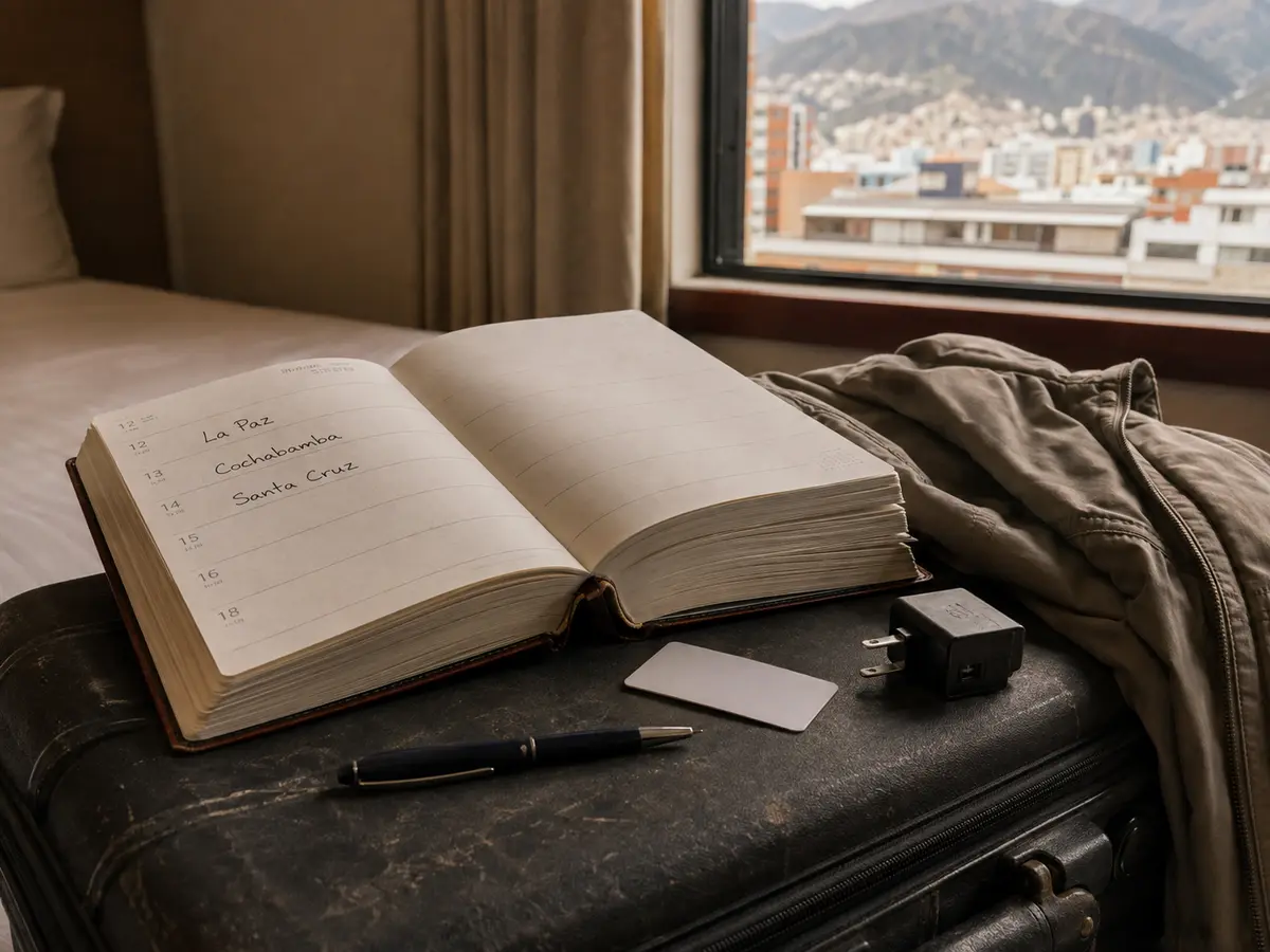 Agenda de viaje con las paradas La Paz, Cochabamba y Santa Cruz sobre una maleta en Bolivia