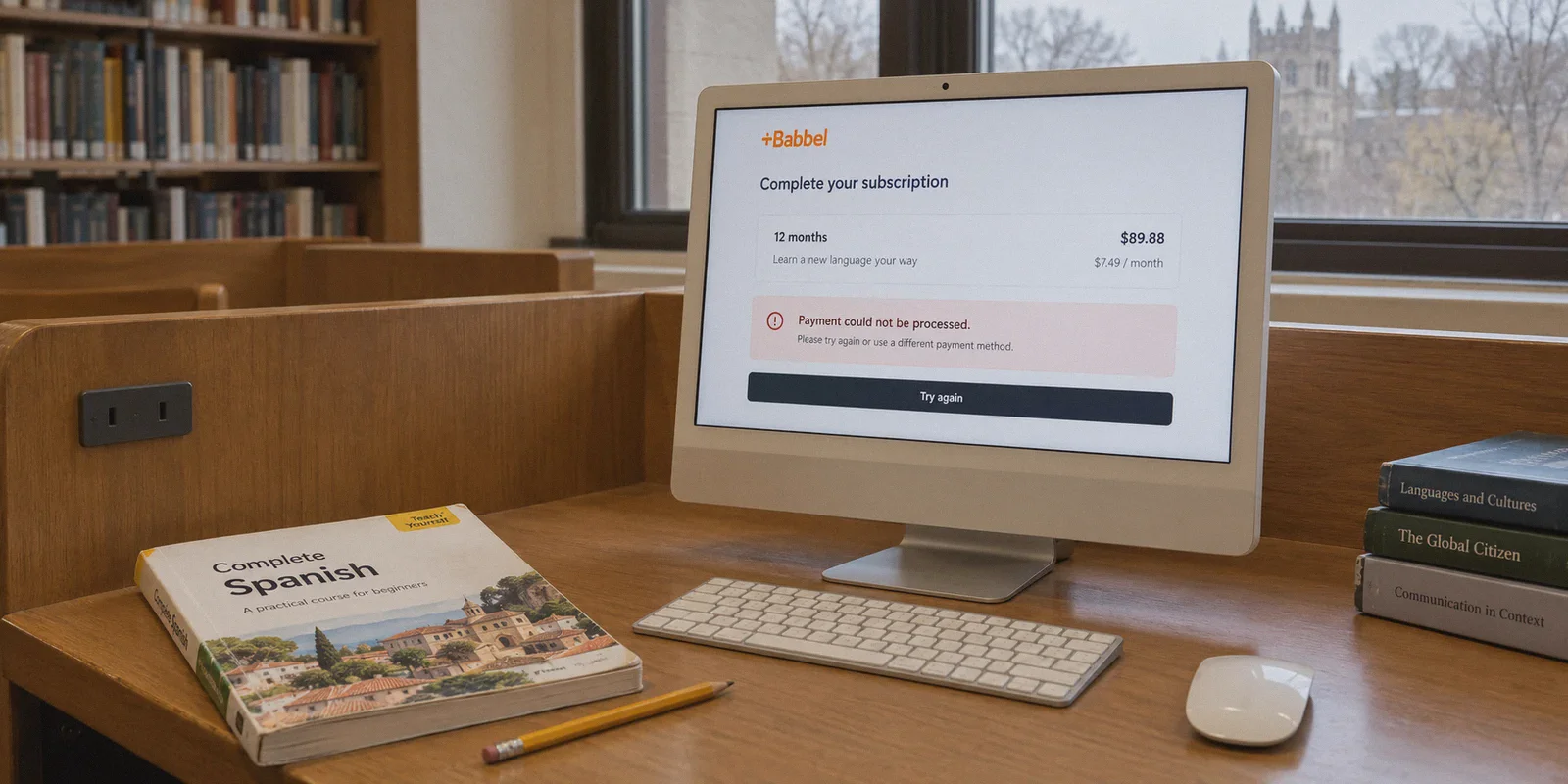 A Babbel subscription checkout displaying a payment failure notice.