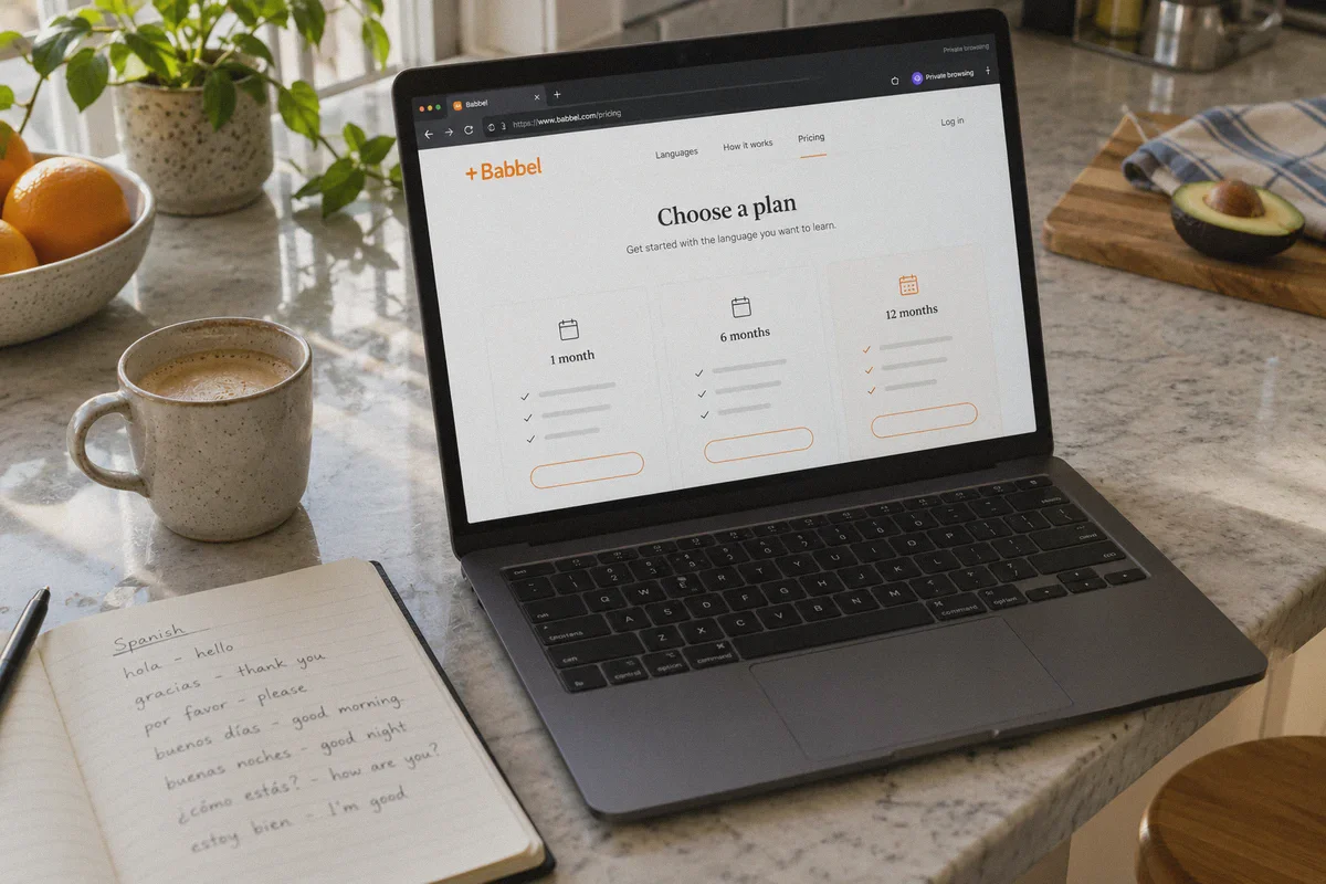 Babbel subscription options in a desktop browser beside a study notebook.