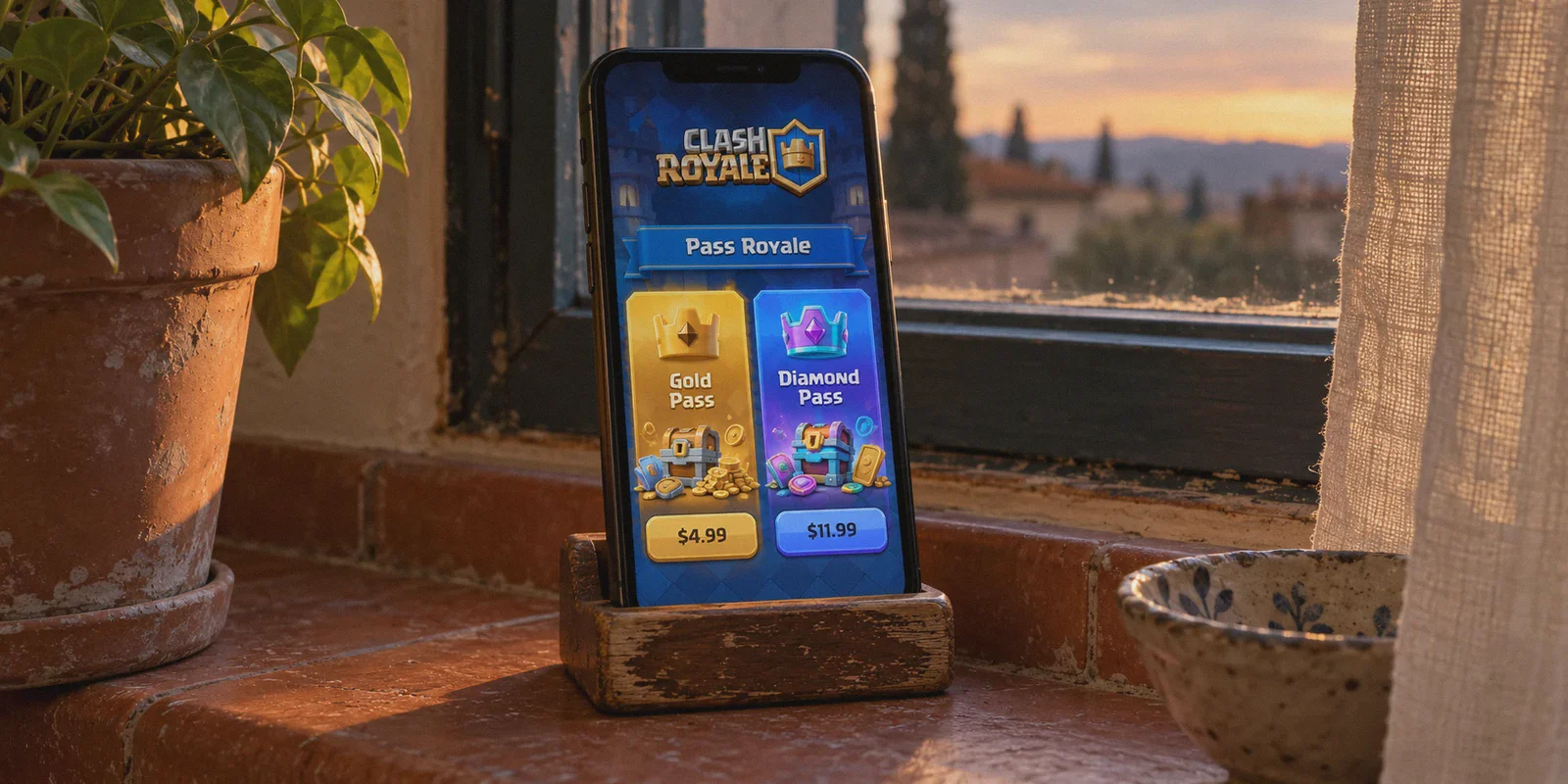 Clash Royale pass options on a phone in a wooden stand.