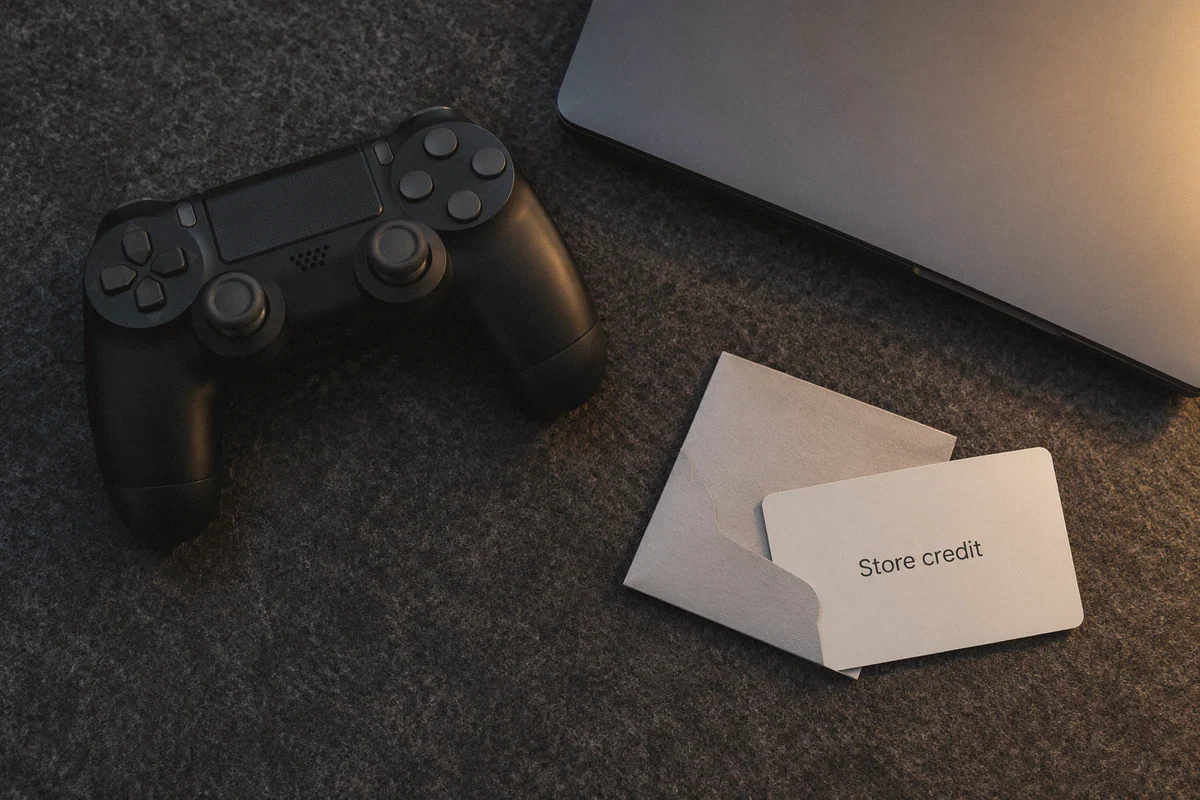 A controller beside store credit and a laptop.