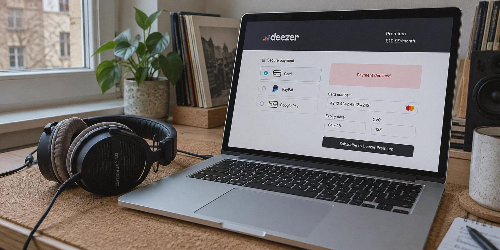 Music subscription checkout beside wired headphones.