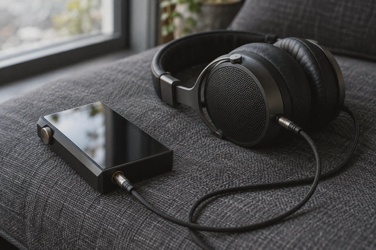 Wired headphones and a portable audio player on a linen cushion.
