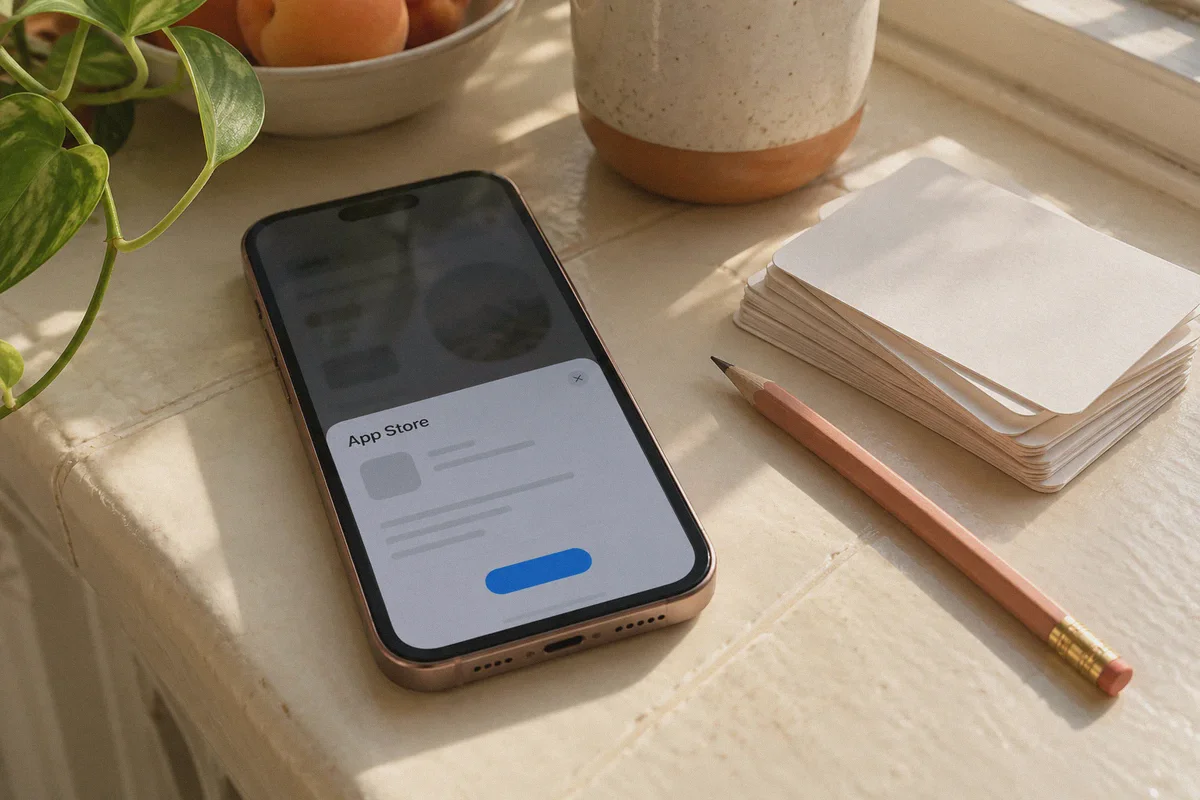 Phone displaying an app-store subscription sheet beside study materials.