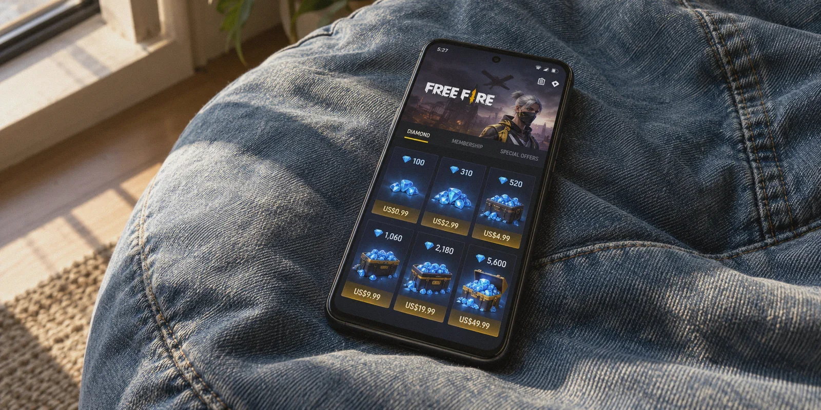 Free Fire diamond packs displayed on a phone.