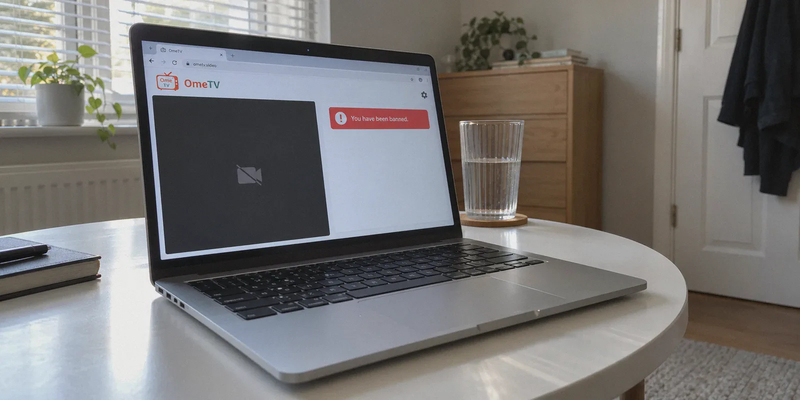 An OmeTV ban message on a laptop beside a water glass.