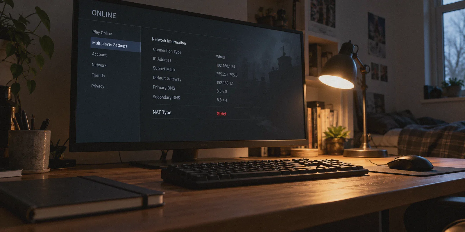 A PC network settings screen reports a strict NAT type.