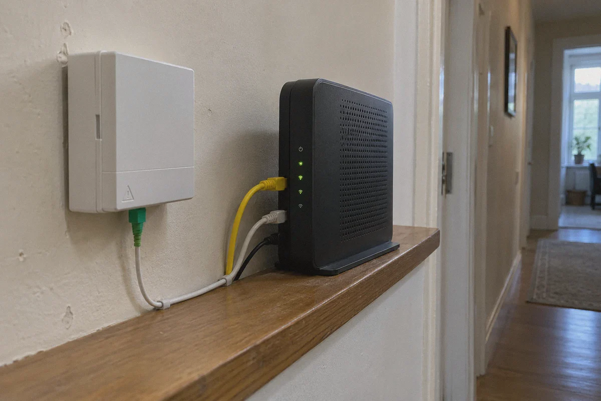 A home gateway and fiber connection on a hallway shelf.