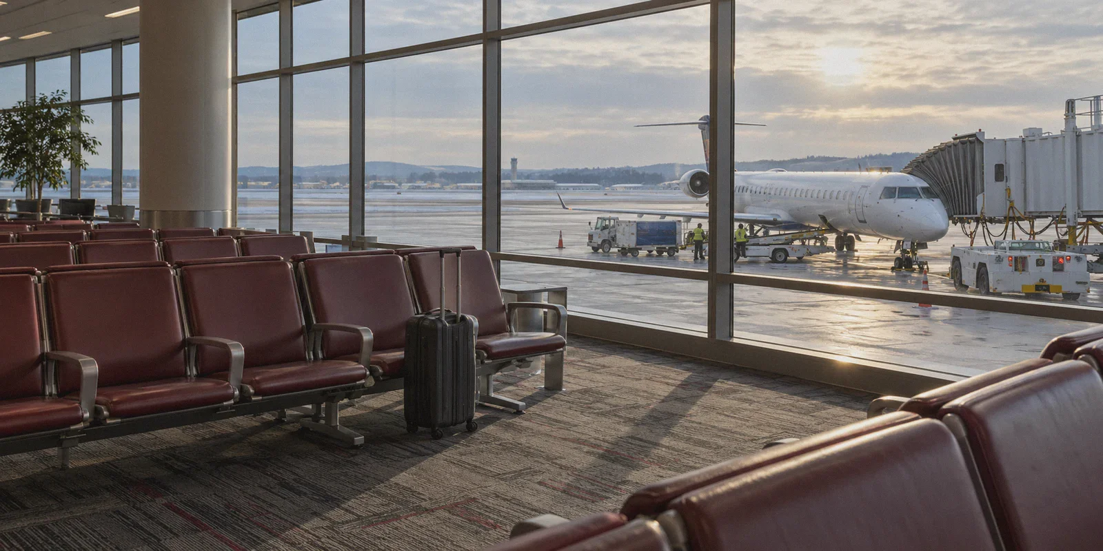 Airport seating and a carry-on bag beside terminal windows.