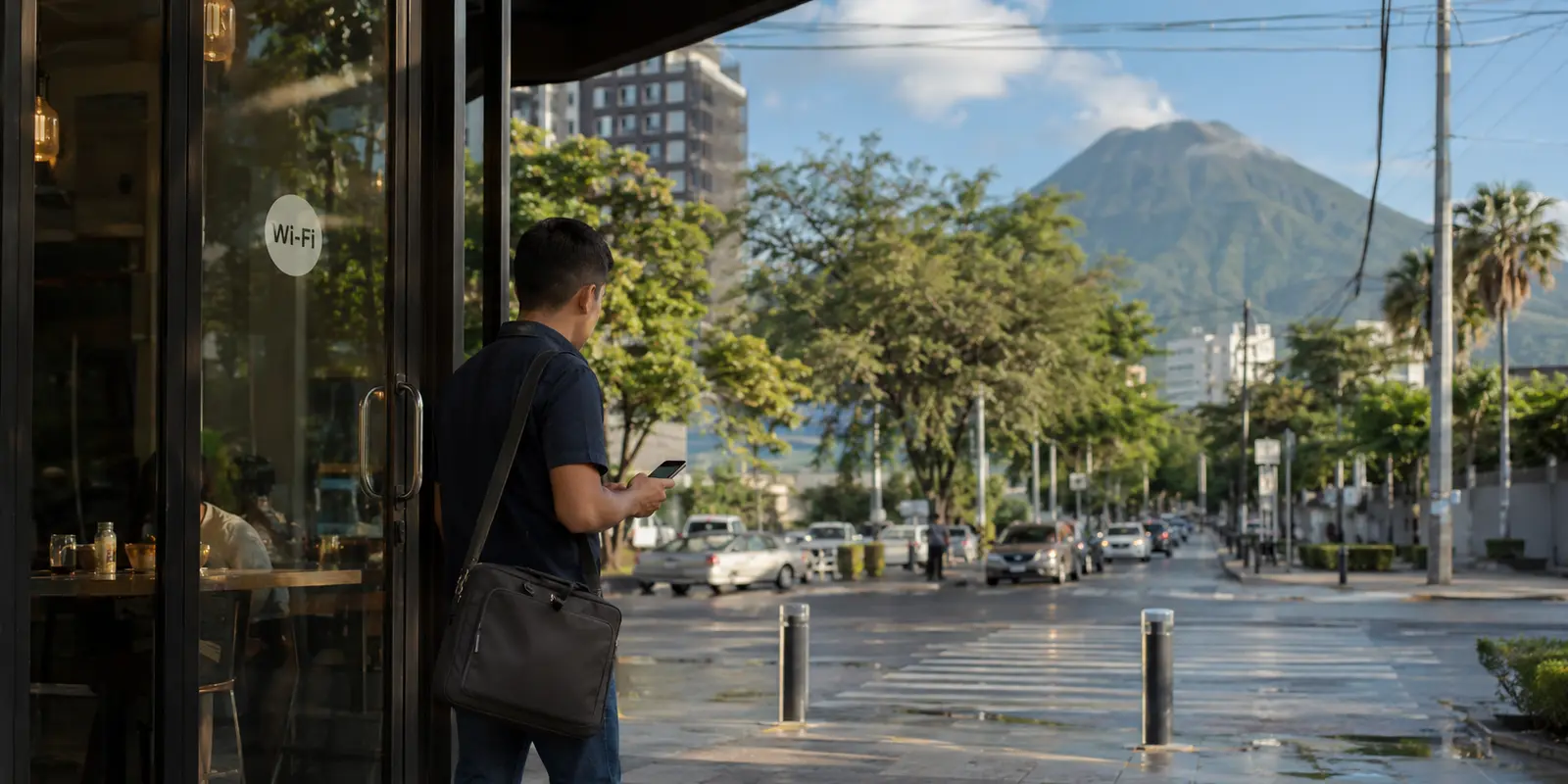 Un trabajador sale de una cafetería de San Salvador y pasa del Wi-Fi al teléfono