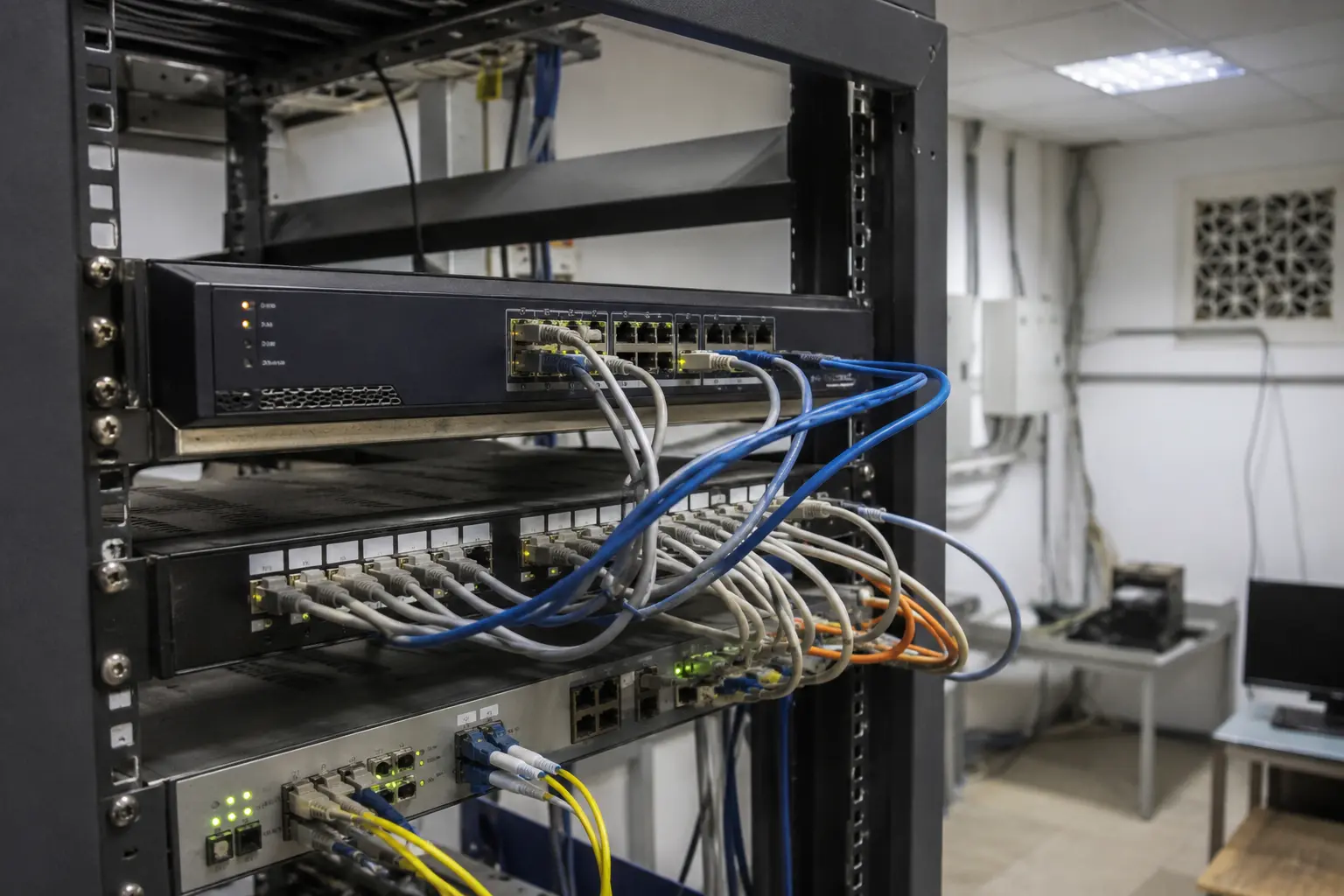 Équipement réseau d’un campus universitaire observé dans une salle technique