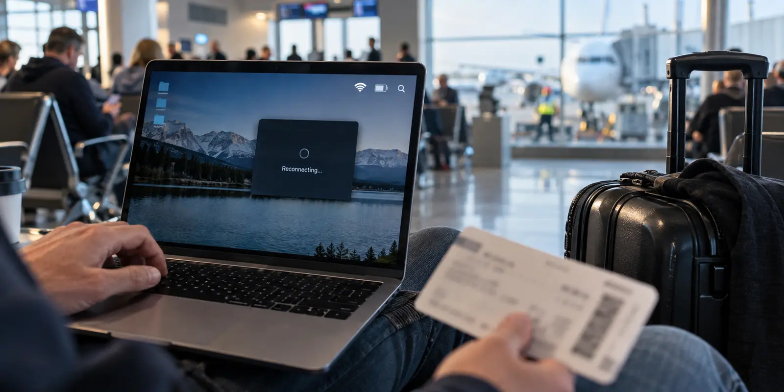 A VPN remains stuck reconnecting on a laptop with full Wi-Fi signal at an airport gate.